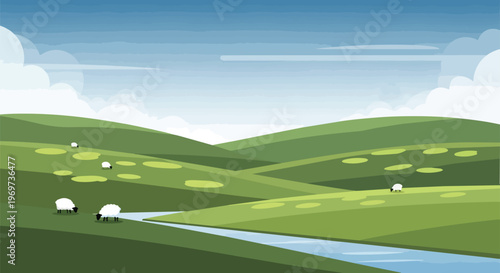 Flat Vector Illustration of Rolling Green Hills with Grazing Sheep and a Winding River