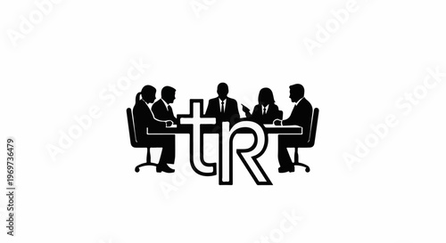 Silhouetted business professionals in a meeting around a table with stylized letters
