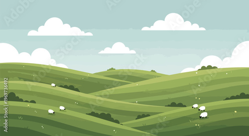 Rolling Green Hills Landscape with Grazing Sheep and Fluffy Clouds