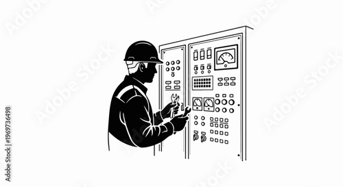 Silhouette worker in hard hat works on control panel with gauges and buttons