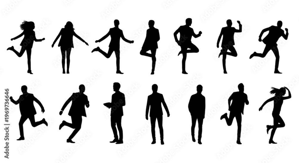 Obraz premium Collection of black silhouettes of people in various running and standing positions