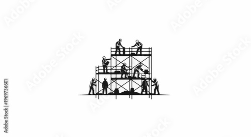 Silhouetted workers assemble scaffolding in a layered structure, working together