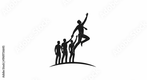 Silhouettes of people reaching up, one individual leaps ahead