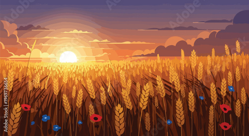 Golden Wheat Field at Sunset with Wildflowers Vector Illustration