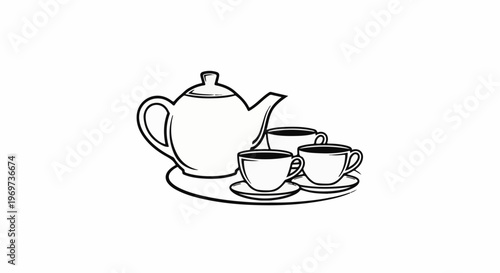 Simple black and white line drawing of a teapot and three cups on a tray