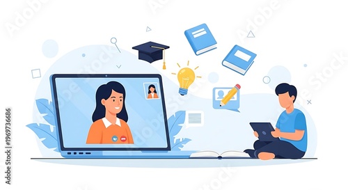 Online Learning Scene With Laptop Tablet and Graduation Theme.
