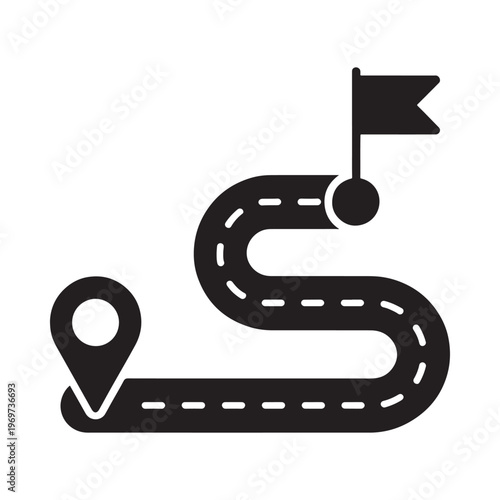 A winding road with a flag at the end representing a journey