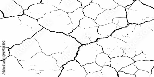 A stark, high-contrast black and white texture of deeply cracked and dry earth, featuring a dense network of thick, irregular black lines forming a grunge pattern against a pure white background.	