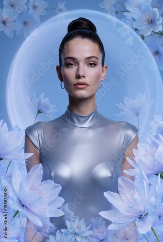 Woman with sleek bun in metallic silver dress posing inside blue flower circle