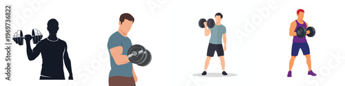 A personal trainer holding a heavy dumbbell, minimalist flat design, no outlines, white background.