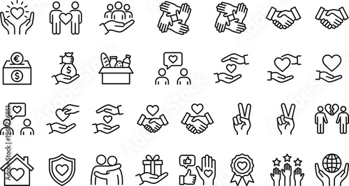 Social Responsibility, Charity, and Community Support Icons Set Featuring Donation, Heart, Peace, Volunteer Work, and Social Impact for Nonprofit and Health Designs