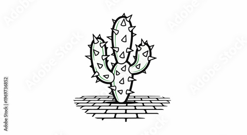 Simple cartoon cactus with sharp spikes, on a cobblestone path