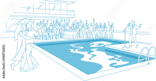Vector illustration of a lively party scene with people celebrating by the poolside