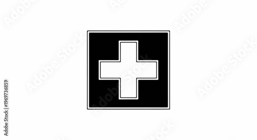 Simple black square with white cross and outline on white background