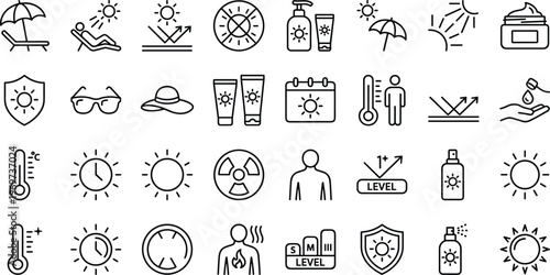 Sun Protection and UV Safety Icons Set Featuring Sunscreen, UV Levels, Temperature, and Hydration for Health, Wellness, and Outdoor Activities