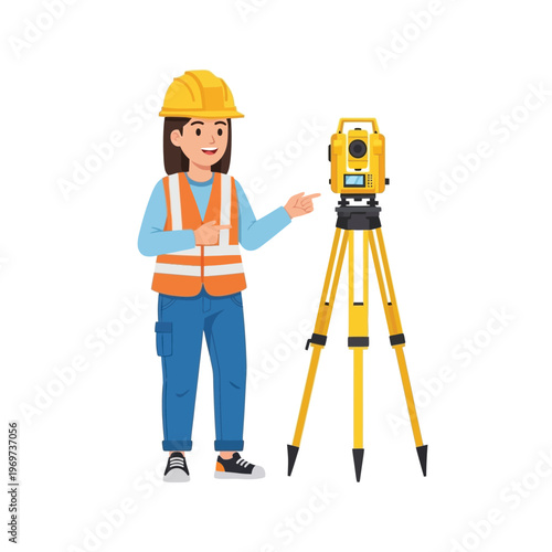 Professional female engineer or surveyor operating a total station for land measurement, construction site mapping, and precision alignment tasks in a modern flat design vector illustration