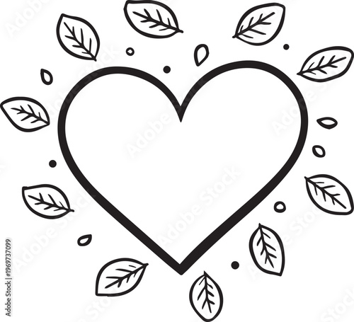A hand-drawn heart outlined, encircled by stylized leaves, a delicate illustration symbolizing love, life, and natural beauty. 