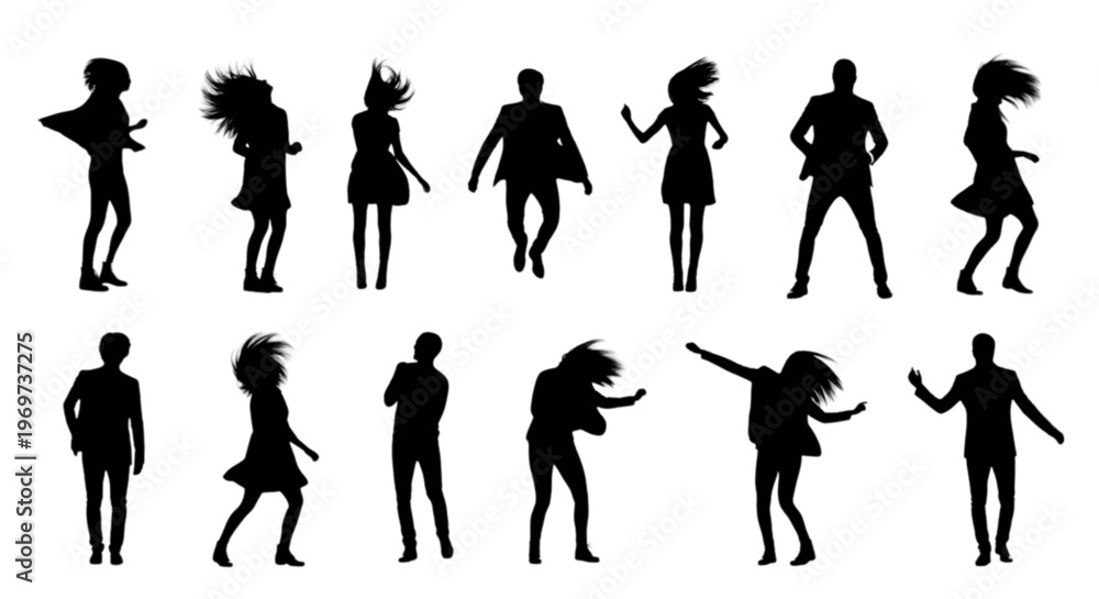 Fototapeta premium Collection of black silhouettes of people dancing