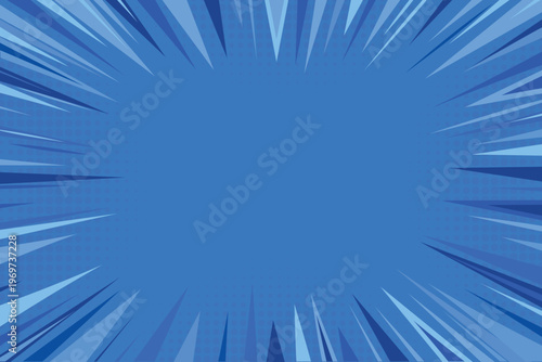 Abstract blue comic book rays explosion background. Pop art speed lines halftone zoom design. 