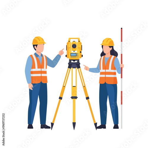 Expert land surveyors in safety gear meticulously operate a total station for precise topographic measurements, essential for construction and engineering projects