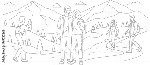 Group of happy tourists enjoying scenic mountain landscape with trees