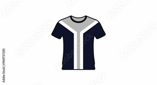 Navy, grey, and white short-sleeved t-shirt with a stylized emblem