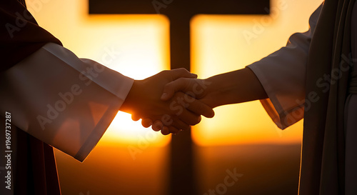 Spiritual partnership and peace concept with handshake near cross