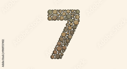 Number seven formed by small, rounded stones in earthy tones