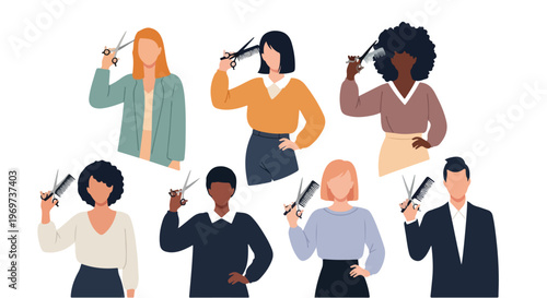 A hair stylist holding professional scissors and a comb, minimalist flat art, no stroke, modern and chic, white background.