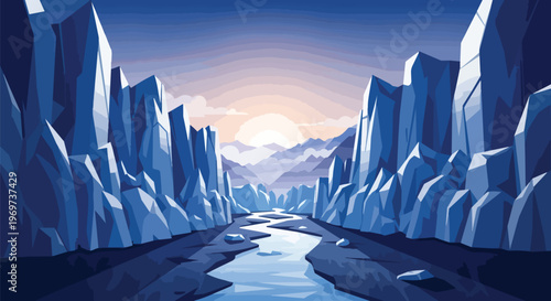 Vector Illustration of a Winding River Through a Majestic Rocky Mountain Canyon at Sunrise
