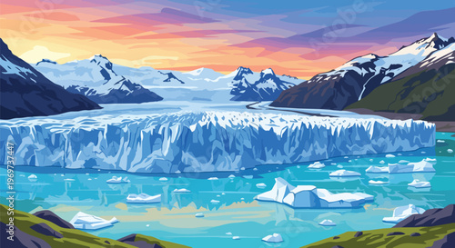 Perito Moreno Glacier Landscape Illustration at Sunset