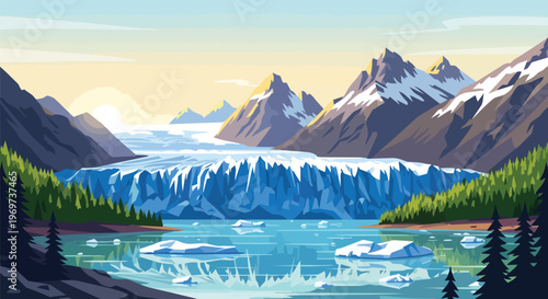 Majestic Glacier Landscape with Floating Icebergs and Mountain Peaks