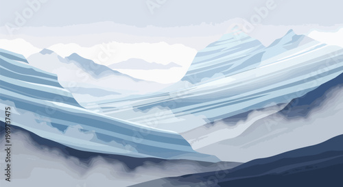 Abstract snowy mountain range landscape with misty atmosphere