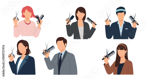 A hair stylist holding professional scissors and a comb, minimalist flat art, no stroke, modern and chic, white background.