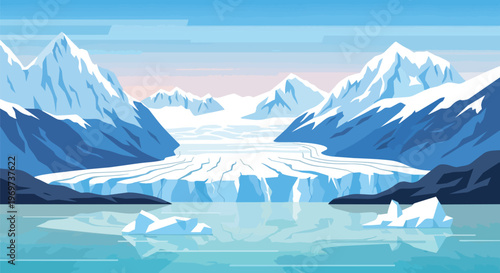 Majestic Glacier Landscape with Icebergs in Arctic Ocean Vector Illustration