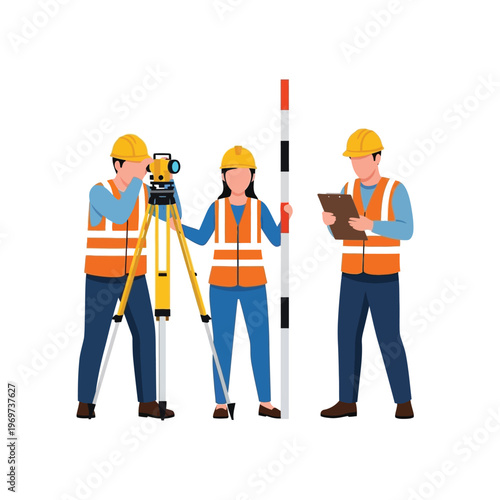 Construction Surveyors in Reflective Vests Using Surveying Equipment and Taking Notes