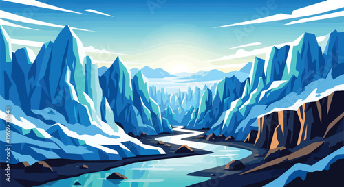 Stunning Vector Illustration of a Winding River Through Majestic Snowy Mountain Peaks