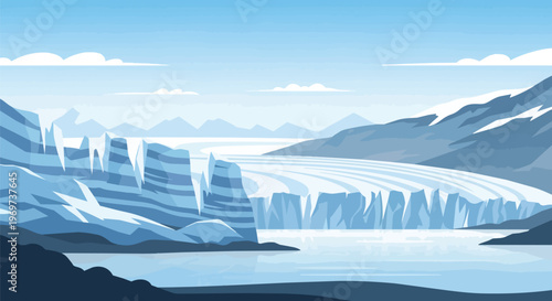 Vector Illustration of a Majestic Glacier Landscape with Mountains and Ice Formations