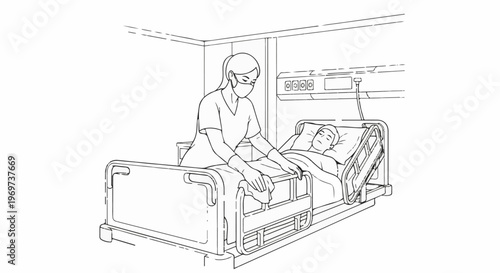 Nurse attending to a patient in a hospital bed, a medical monitor above
