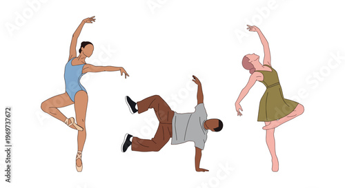Dancers set in ballet and hip hop poses, contemporary dance people, flat vector illustration