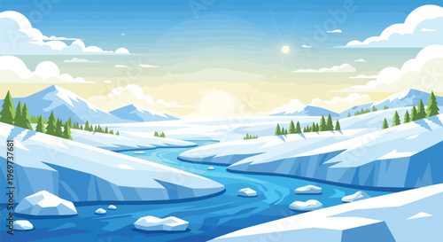 Winter Landscape with Winding River and Snowy Mountains