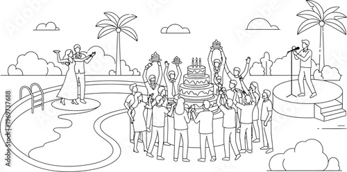 People celebrating a birthday party with a large cake outside