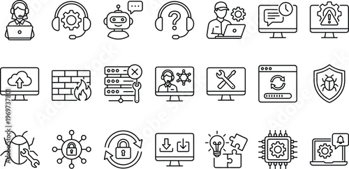 Technical Support and IT Service Line Icon Set Featuring Helpdesk, Cybersecurity, Software Maintenance, Bug Fixing, Cloud Systems, and Digital Technology Concepts