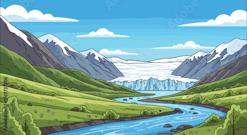 Pixel Art Landscape Featuring a Glacial River Flowing Through Green Mountain Valleys