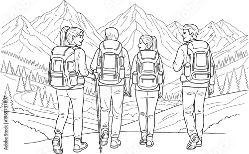 Four friends hiking together in the mountains with backpacks and trekking poles