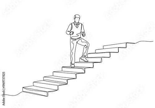 A man climbing up a staircase with a determined expression