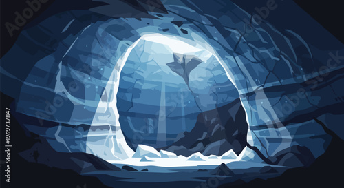 Mysterious Blue Ice Cave Interior with Glowing Light Rays
