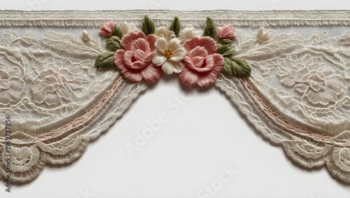Elegant White Embroidered Lace Trim – Scalloped Floral Border Isolated for Decorative Design