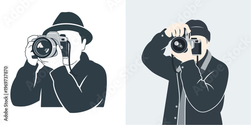 A photographer holding a sleek professional camera, minimalist flat design, no outlines, white background.