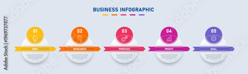 Modern glass business infographic with icons and five options or steps ribbon timeline and transparent glassmorphism elements